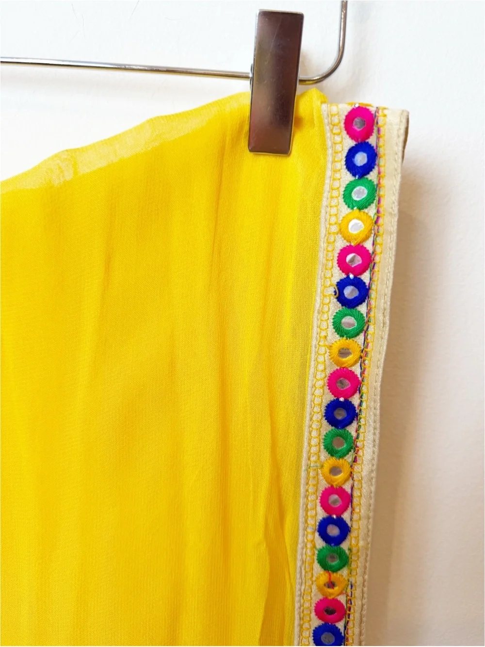 Vintage | Yellow Multicolored Embroidered Indian Dupatta Sari Wrap Chanderi Scar